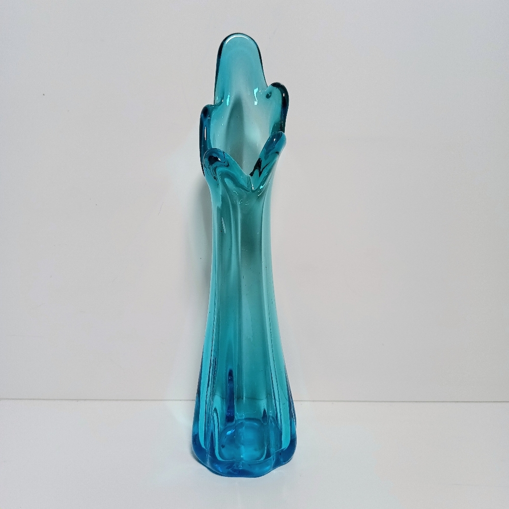 Vintage MCM Mid Century Swung Glass Five Finger Vase Blue Green Teal